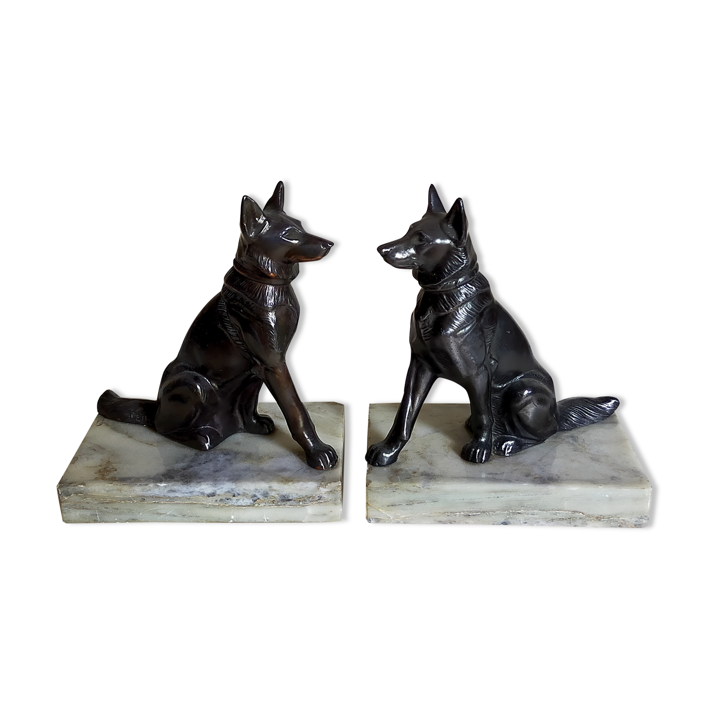 Pair of Art Deco bookends to signed wolf dogs