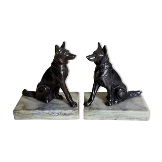 Pair of Art Deco bookends to signed wolf dogs
