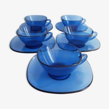 Lot de 5 tasses et soucoupes bleues