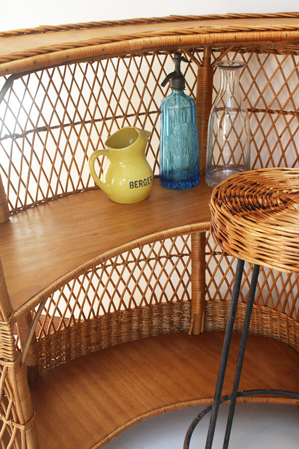 Rattan bar and 2 metal foot stools