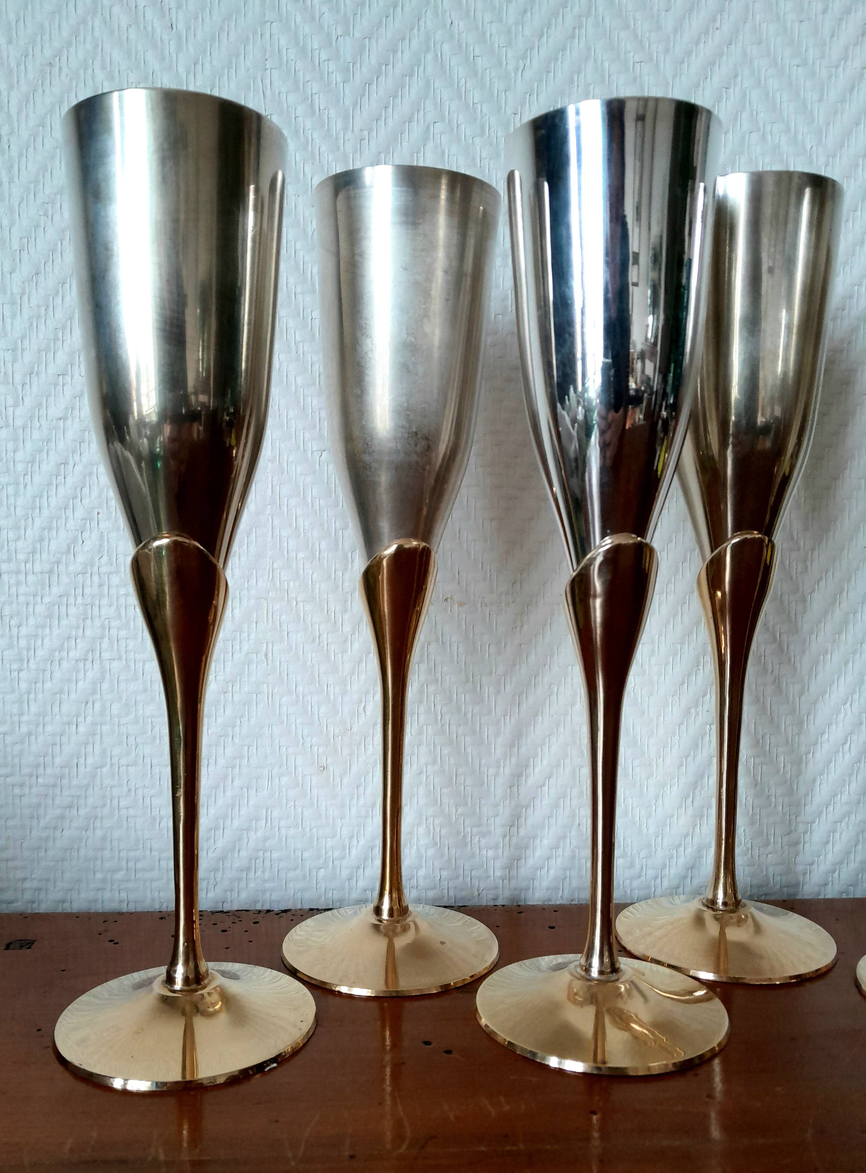 6 champagne flutes in brass and silver plated metal 1970