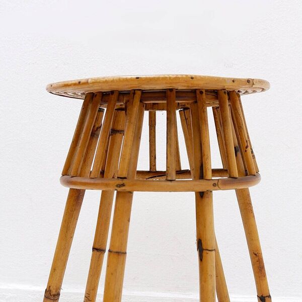 Support de plante ou table d'appoint bohème en rotin et bambou - années 1960