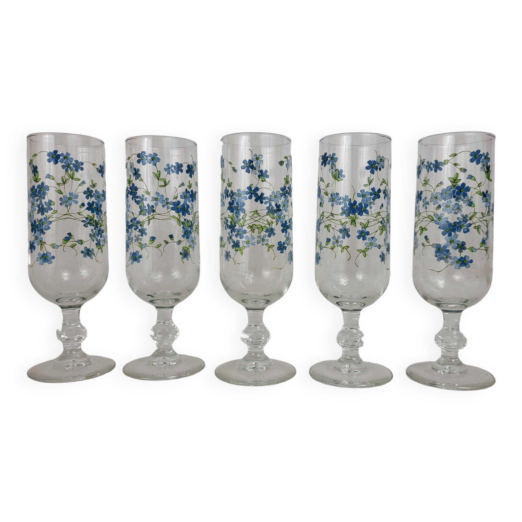 5 Arcopal Myosotis Veronica champagne flutes