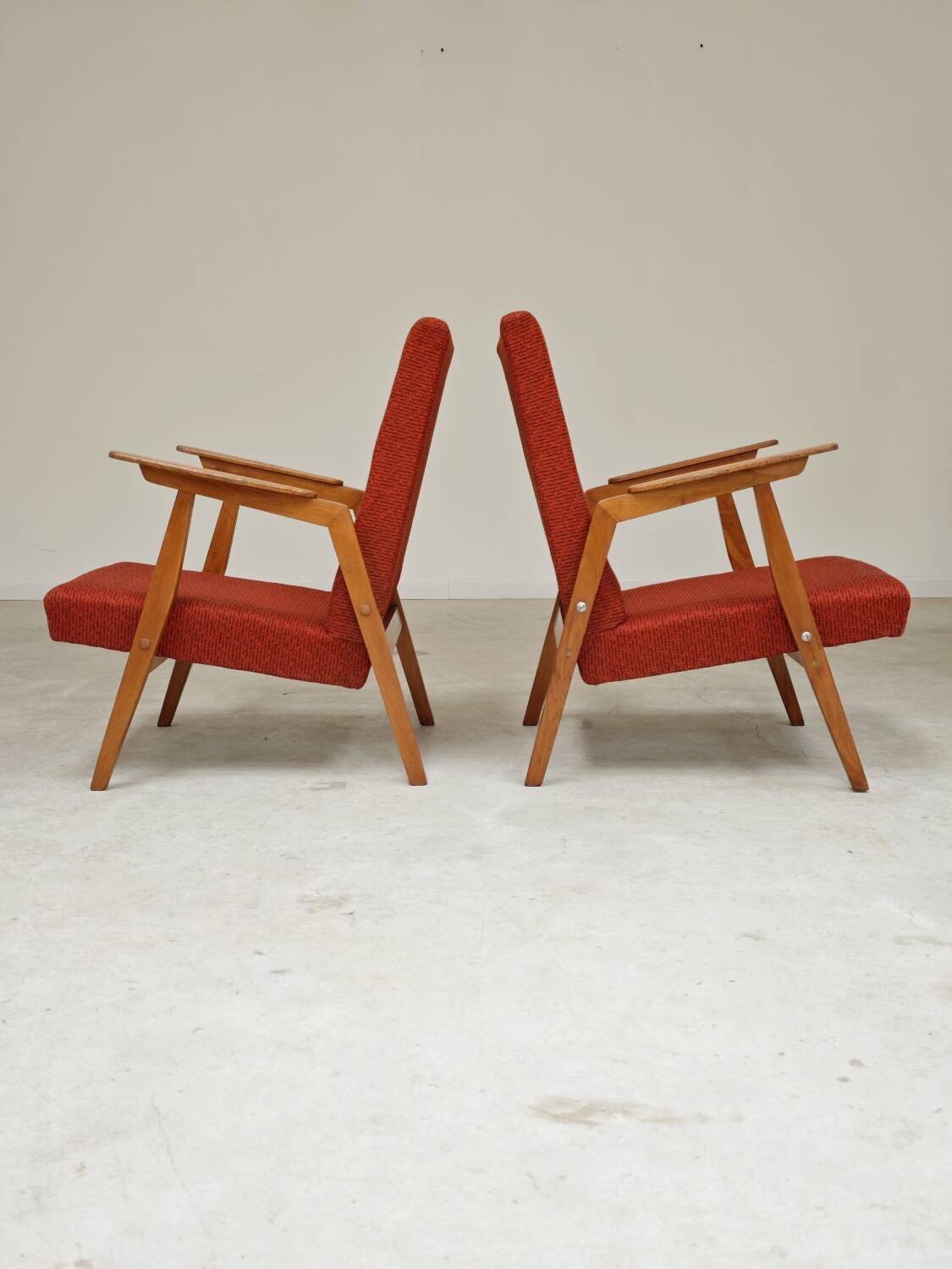 Pair of Uluv red Eastern Bloc armchairs, 1960s