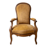Fauteuil Louis XV en bois et tissu jaune