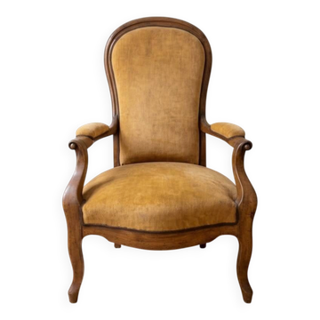 Fauteuil Louis XV en bois et tissu jaune