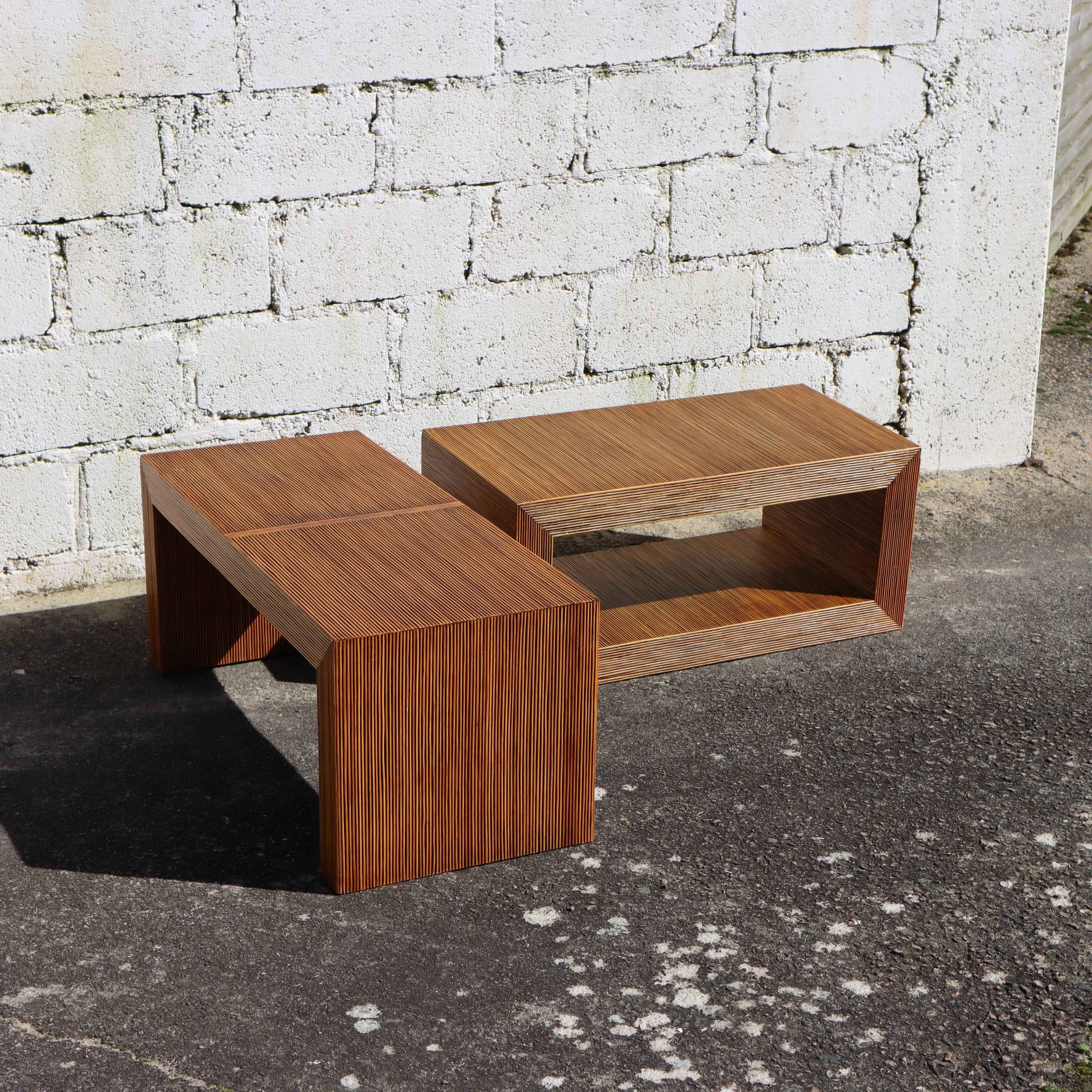 Set French Vintage Rattan Coffee Tables-2 Cuboid Deck Tables-80s