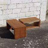 Set French Vintage Rattan Coffee Tables-2 Cuboid Deck Tables-80s