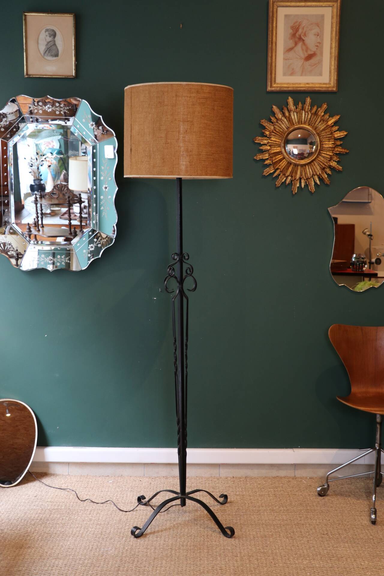 Very large brutalist wrought iron floor lamp, circa 1950