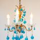 Lustre italien en metal doré avec des gouttes cristal Murano bleu turquoise