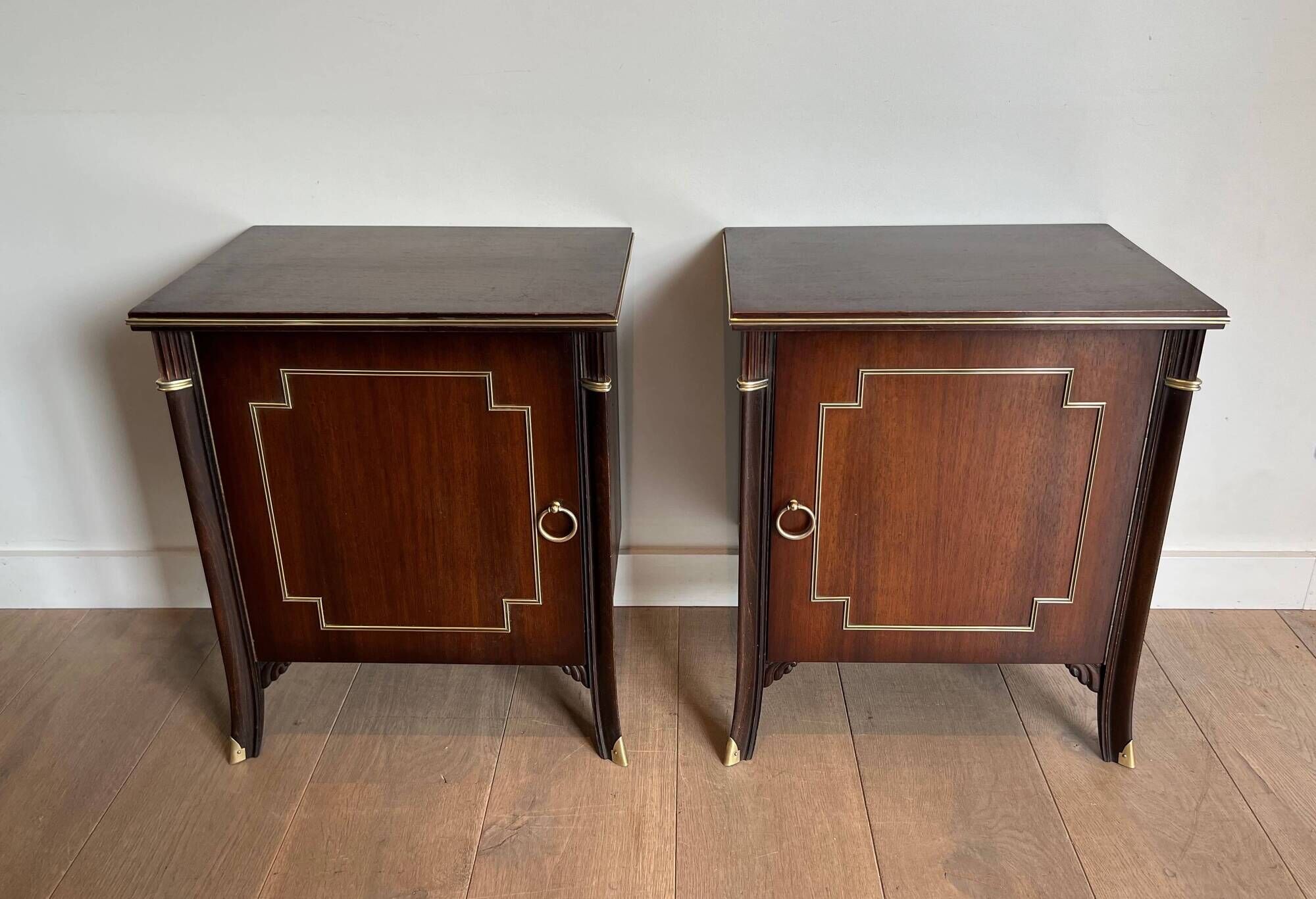 Pair of Occasional Tables with Mahogany Doors and Brass Inlays. Work F