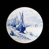 Old painted earthenware coaster decoration boats XXth