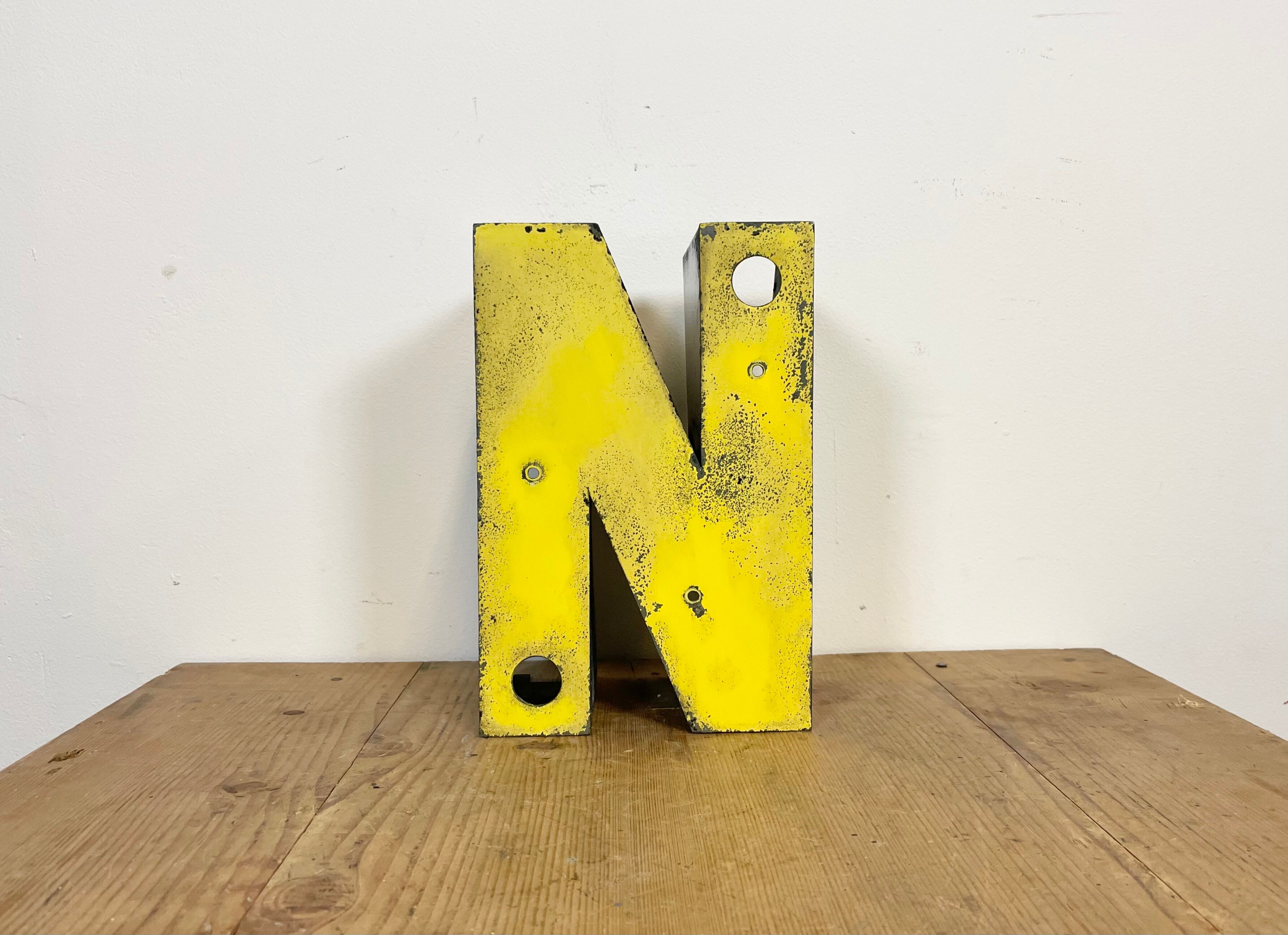 Vintage Yellow Iron Letter N, 1970s