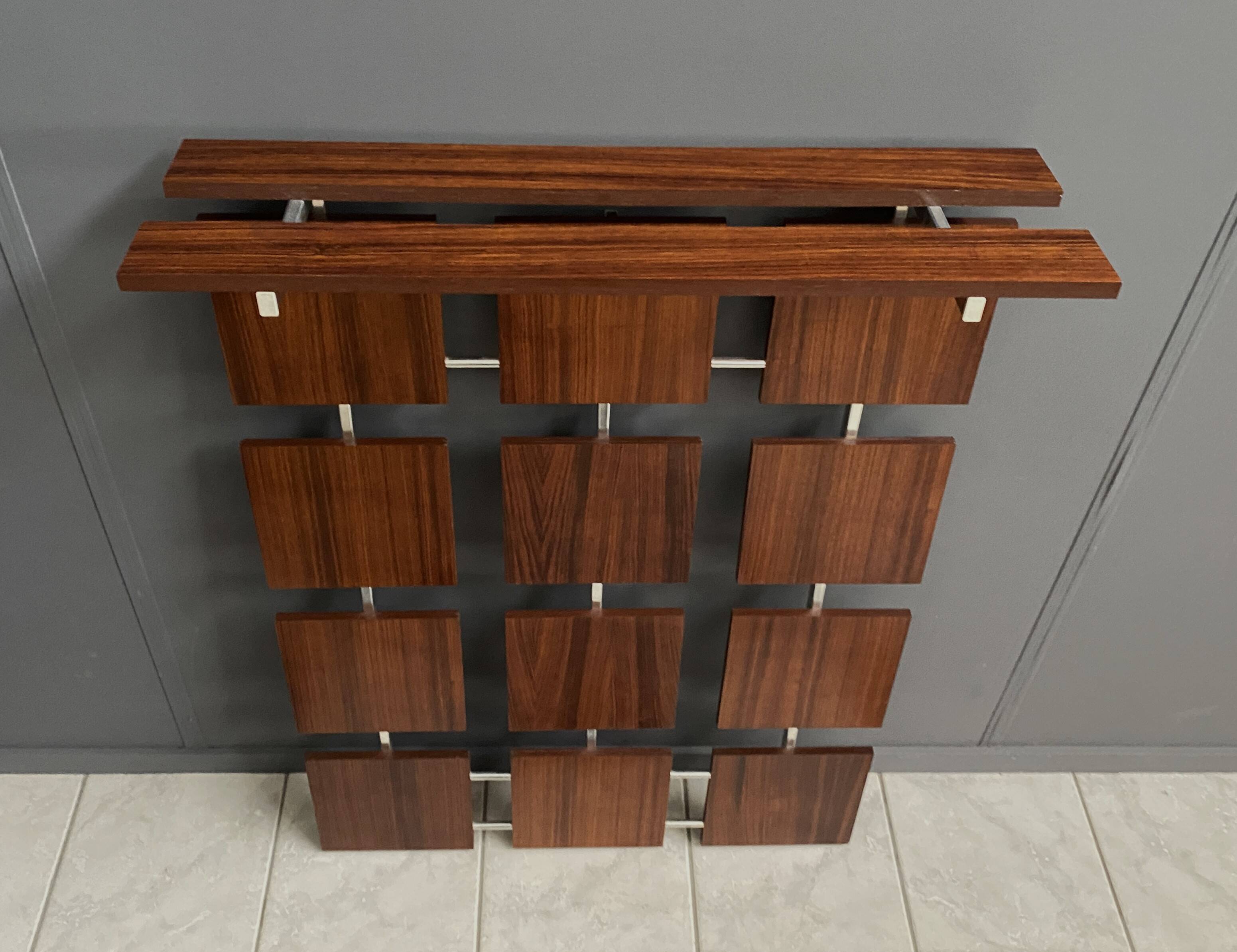 Coat rack wall unit in palisander wood veneer and chrome 1960s