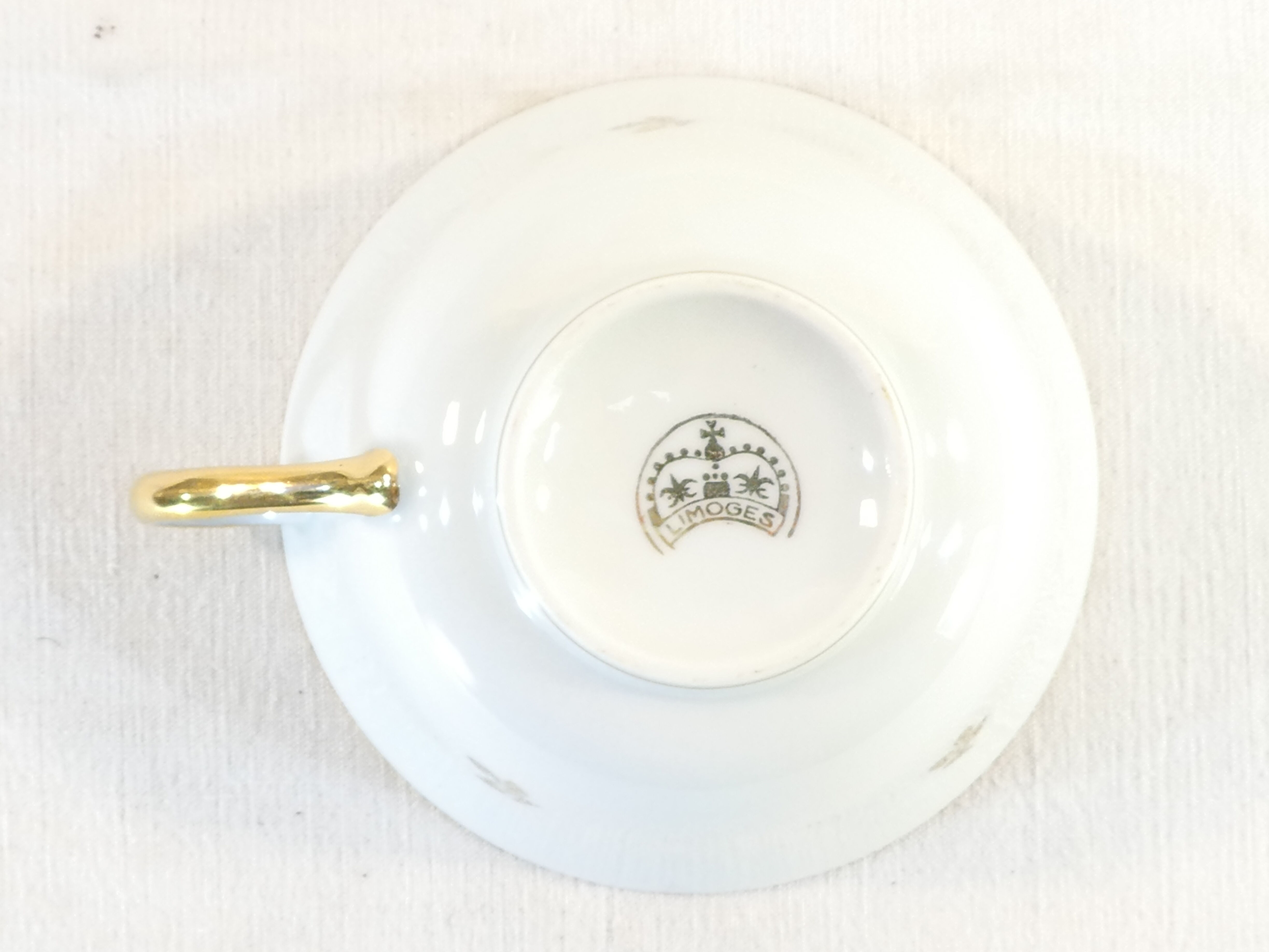 Pair of lunch cup and subcup in porcelain limoges red headband