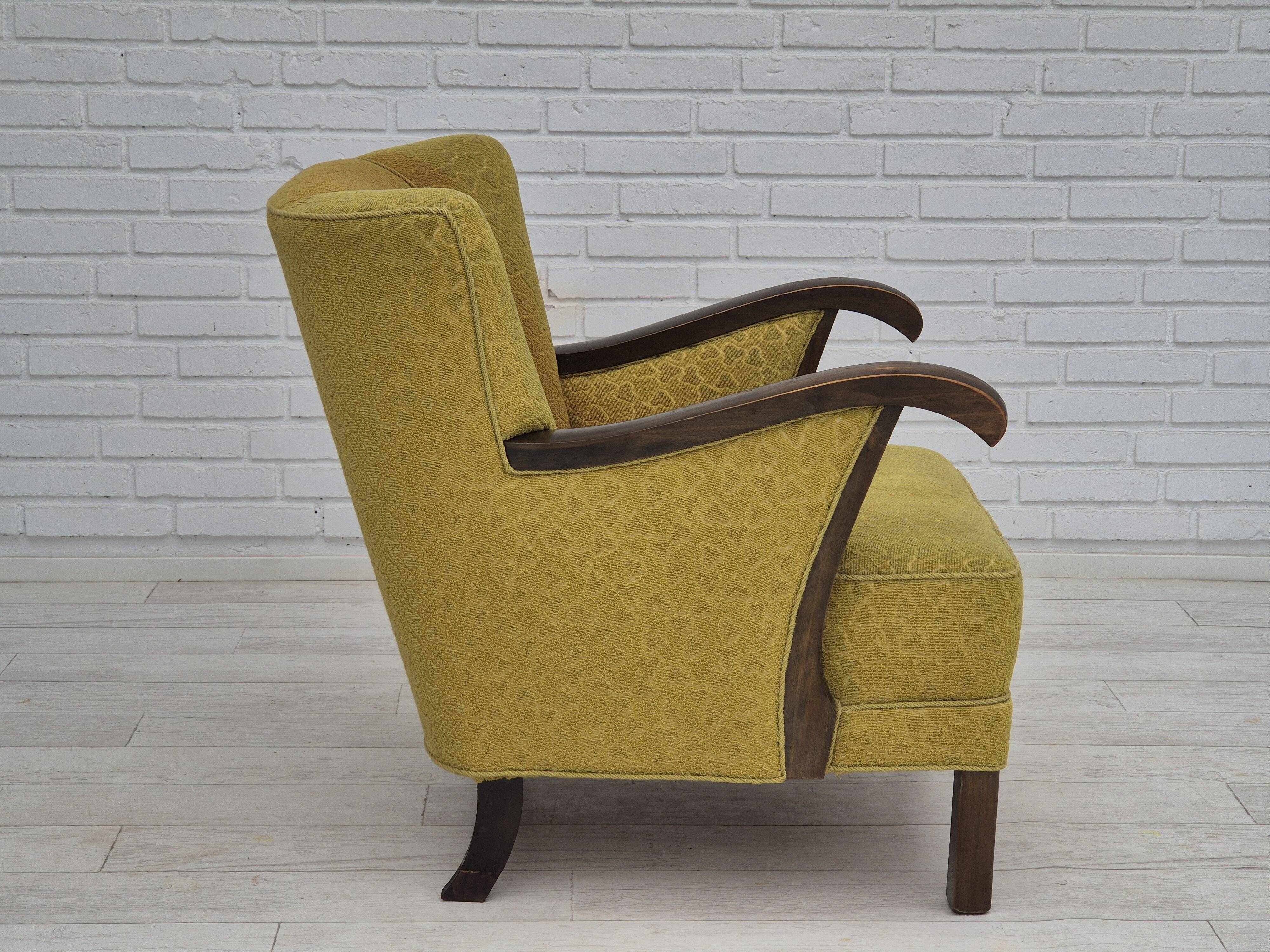 1950s, Danish vintage chair, light green cotton/wool fabric, beech wood.