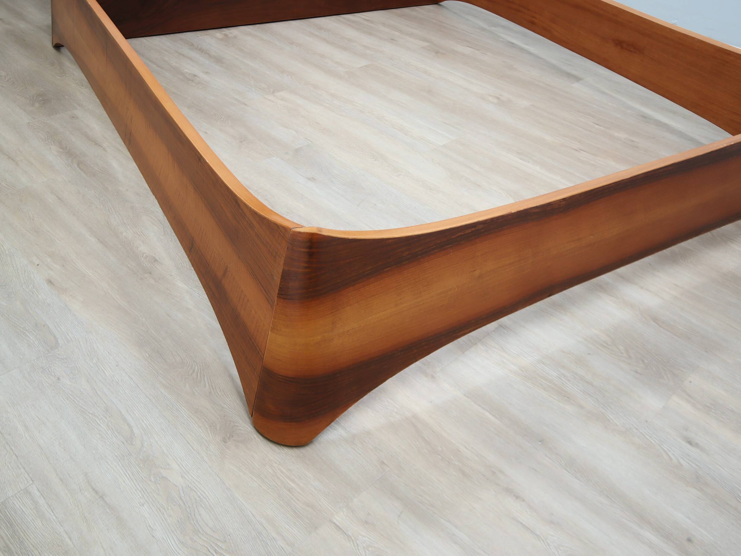 Italian 1970s Curved Walnut Bed Frame with Storage Headboard