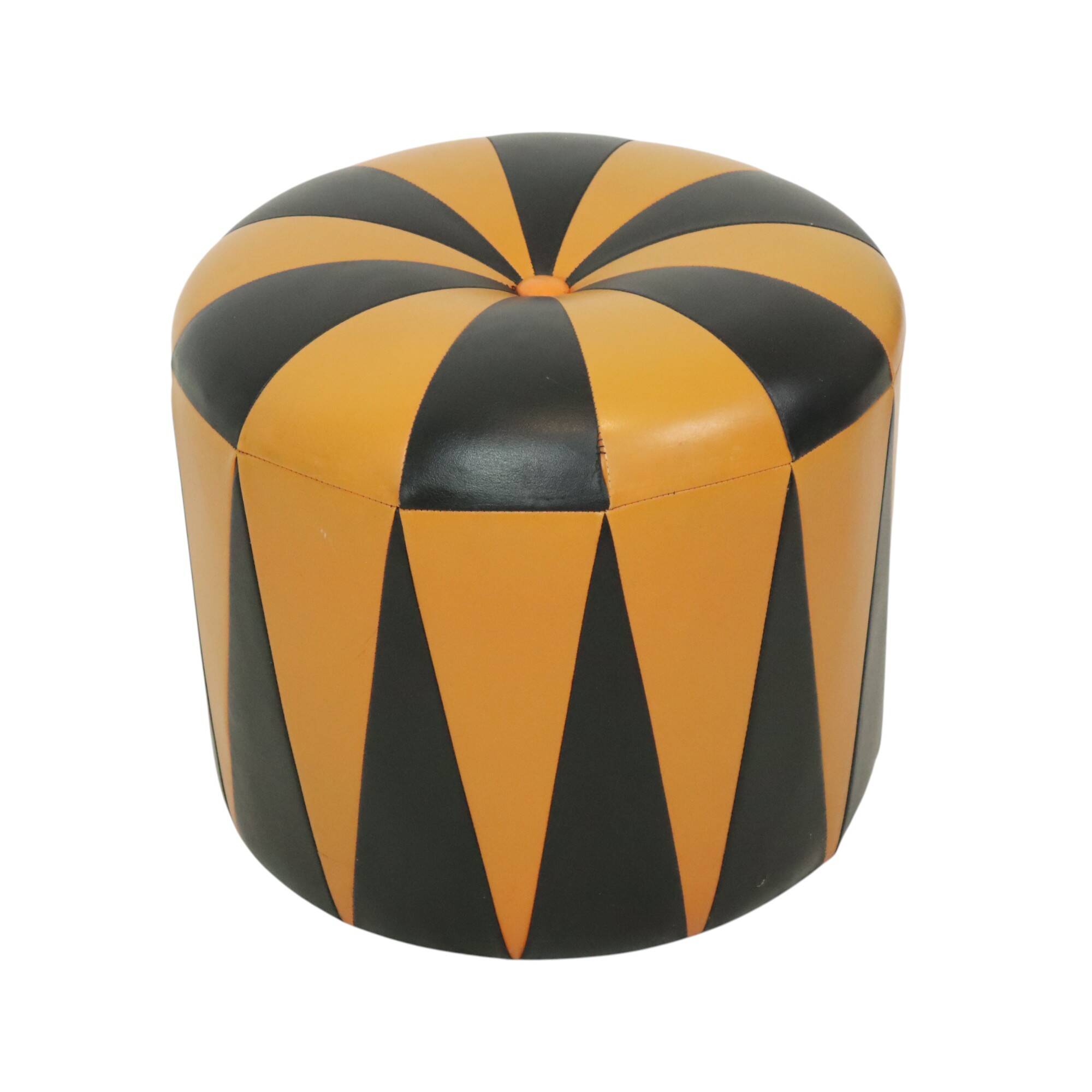 Round Vintage Pouf Orange Black Leatherette 1960s