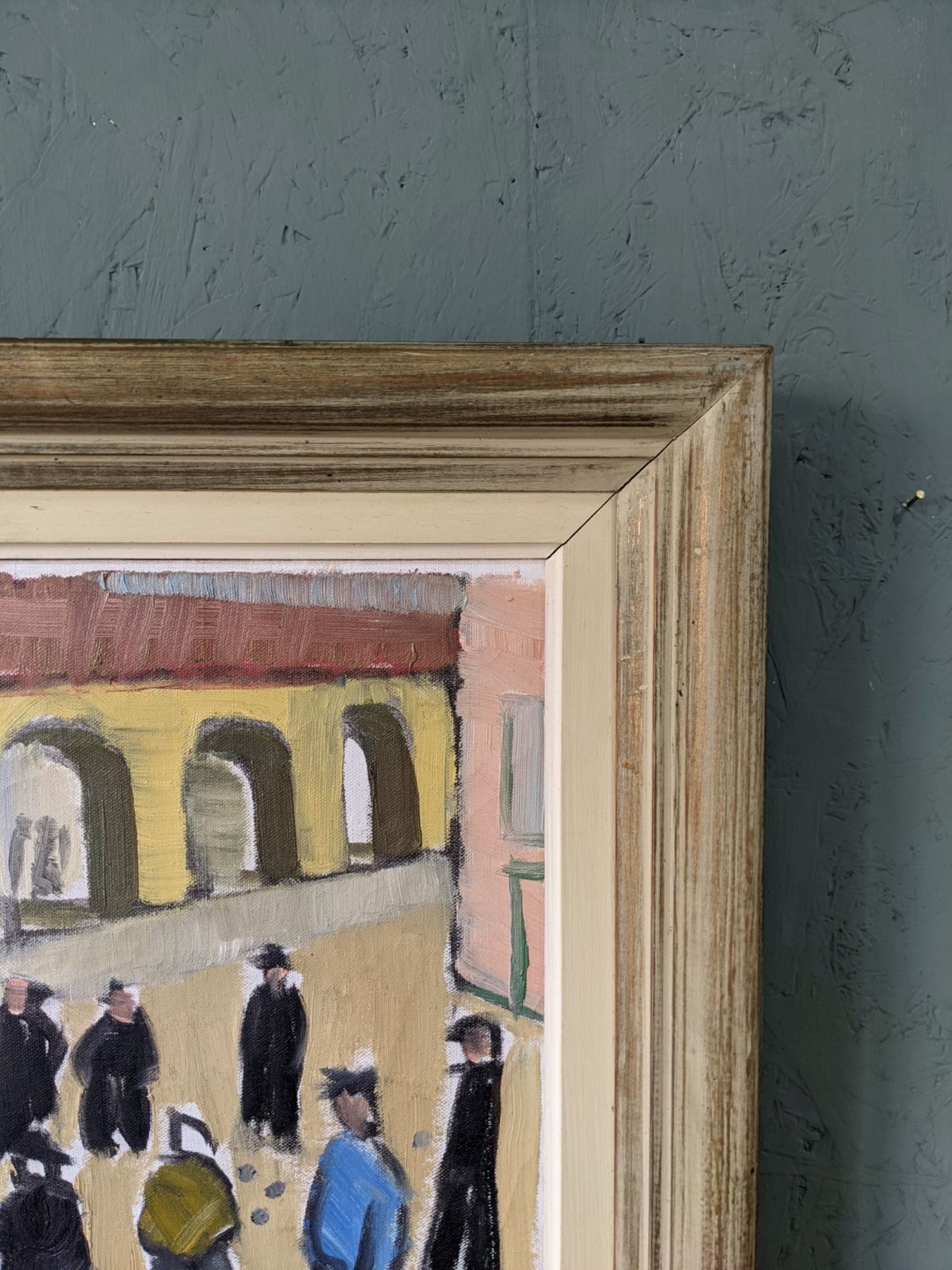 Mid-Century Modern Swedish Oil Painting "A Game of Petanque" Vintage Figurative Street Scene, Framed