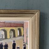 Mid-Century Modern Swedish Oil Painting "A Game of Petanque" Vintage Figurative Street Scene, Framed