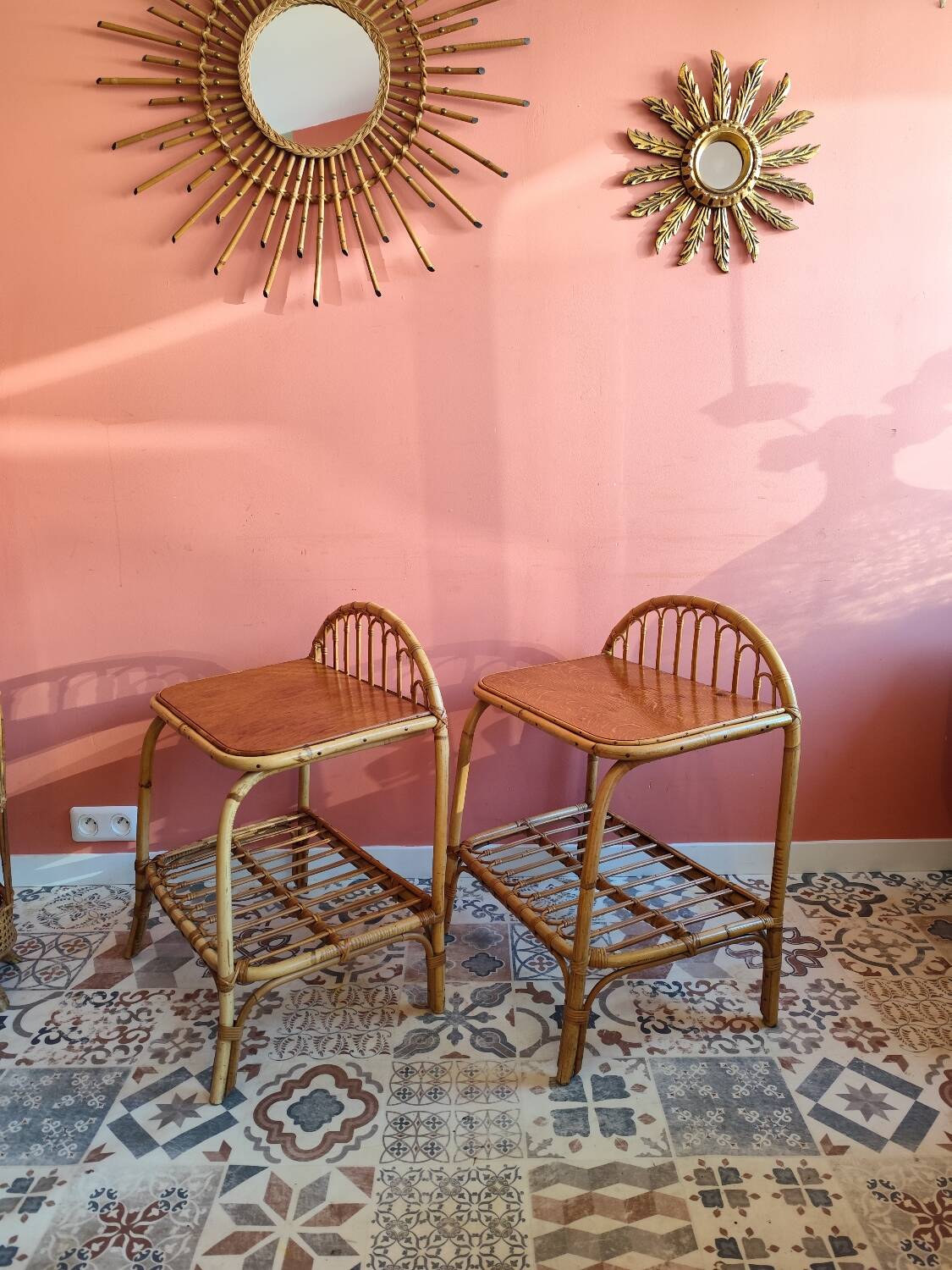 Vintage rattan bedside tables