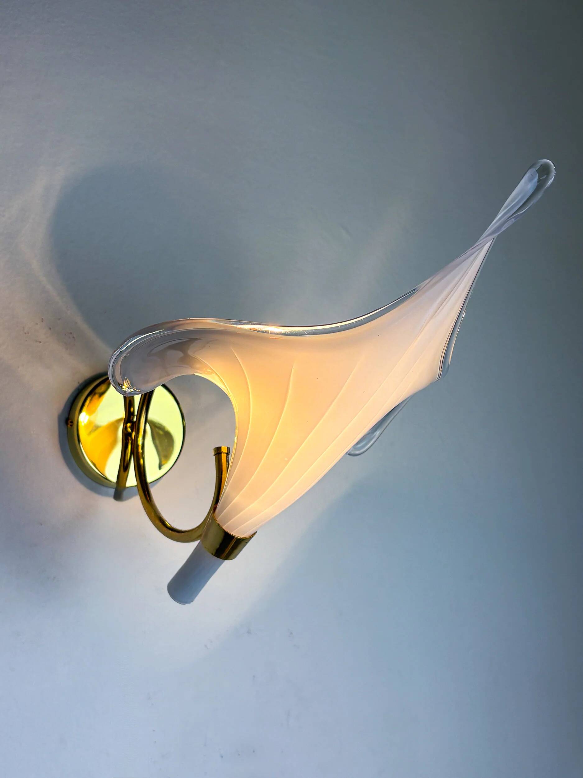 Pair of Italian hand blown Murano glass calla lily wall lights by Franco Luce, 1970s