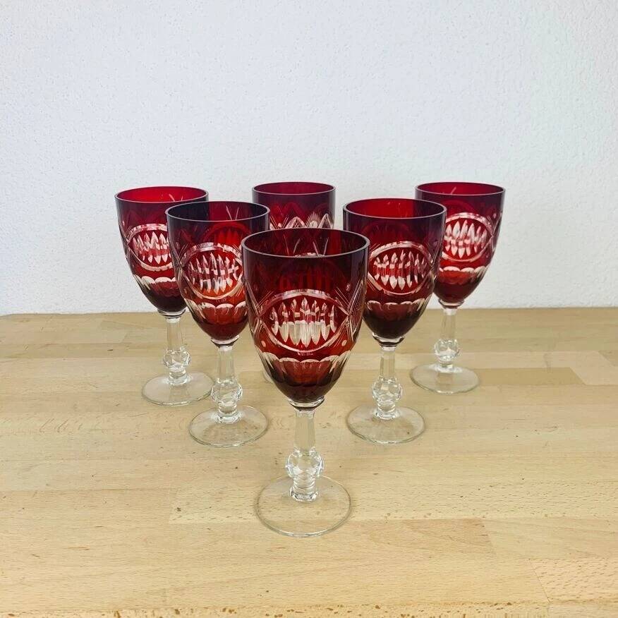 6 antique red Bohemian crystal wine glasses.