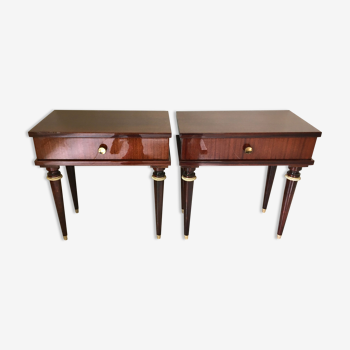 Two mahogany bedside tables and brass 1960