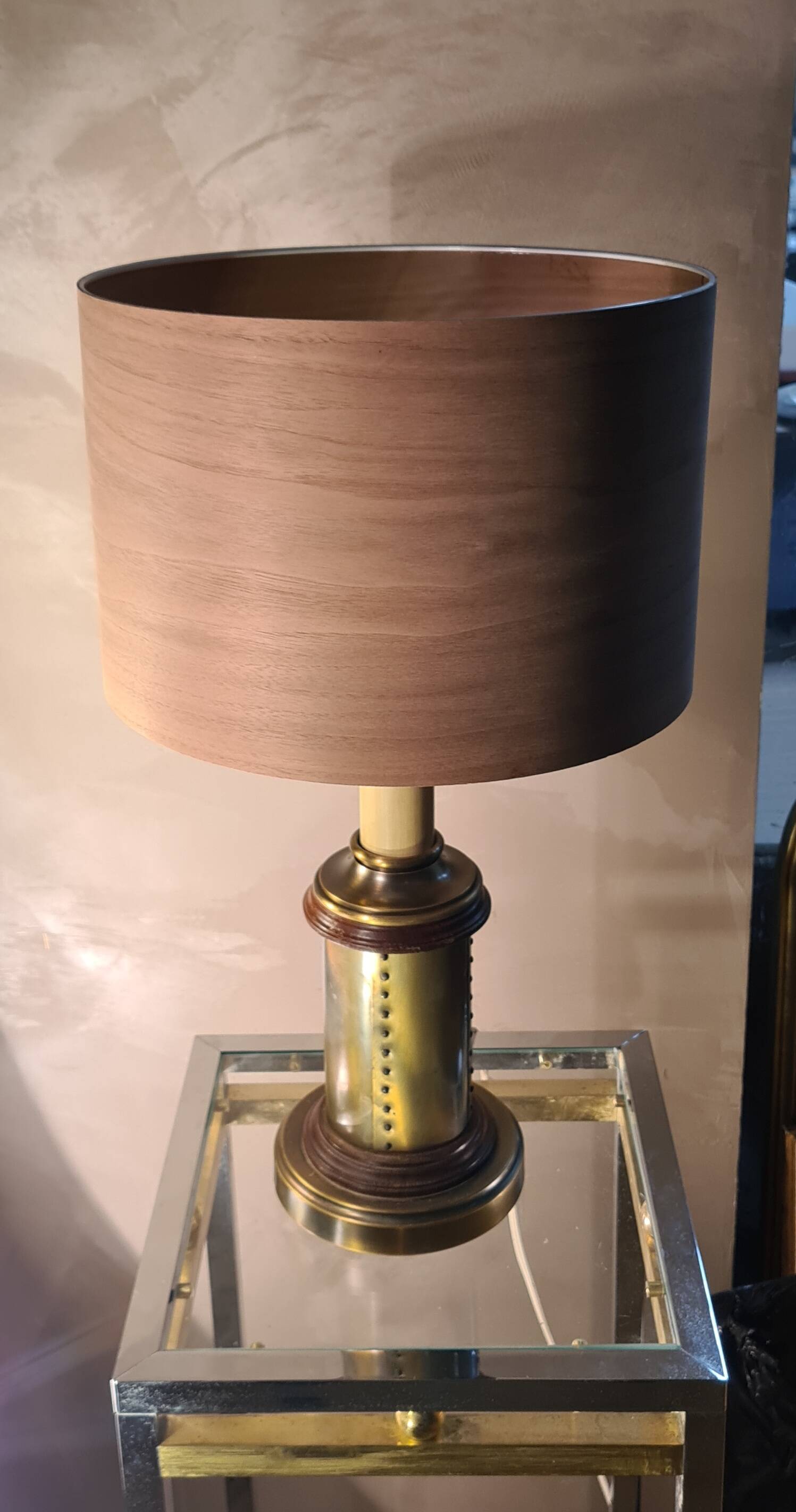 1970 wood and metal lamp in patinated riveted style with superb heavy lampshade in real wood sheet
