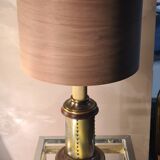 1970 wood and metal lamp in patinated riveted style with superb heavy lampshade in real wood sheet
