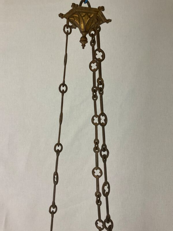 Lustre neo gothique d'église en bronze doré à 6 feux 19 eme