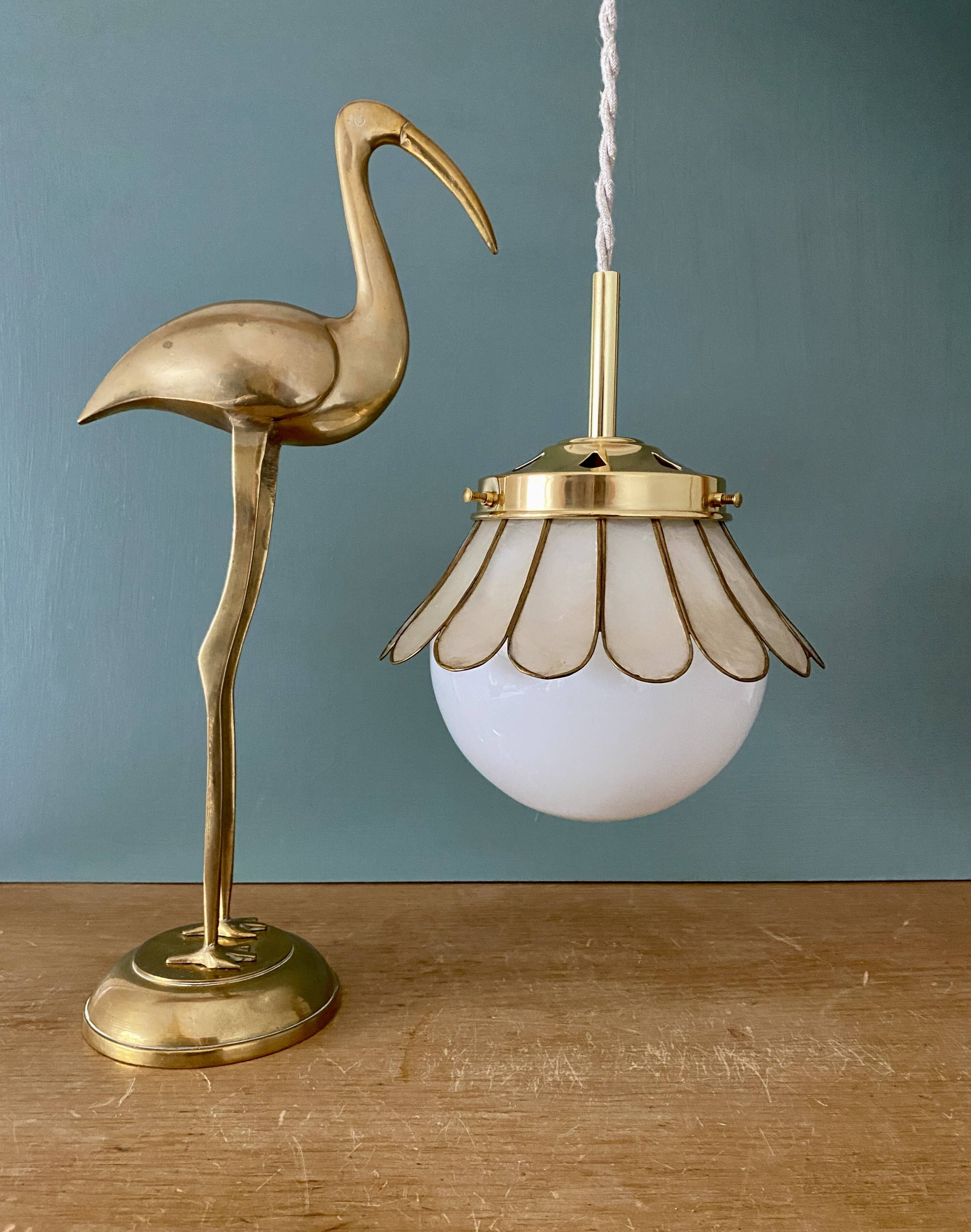 Globe pendant light and vintage lampshade in opaline and mother-of-pearl