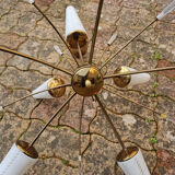 Suspension sputnik, 8 lights, brass, tulips opaque glass, vintage, 50s
