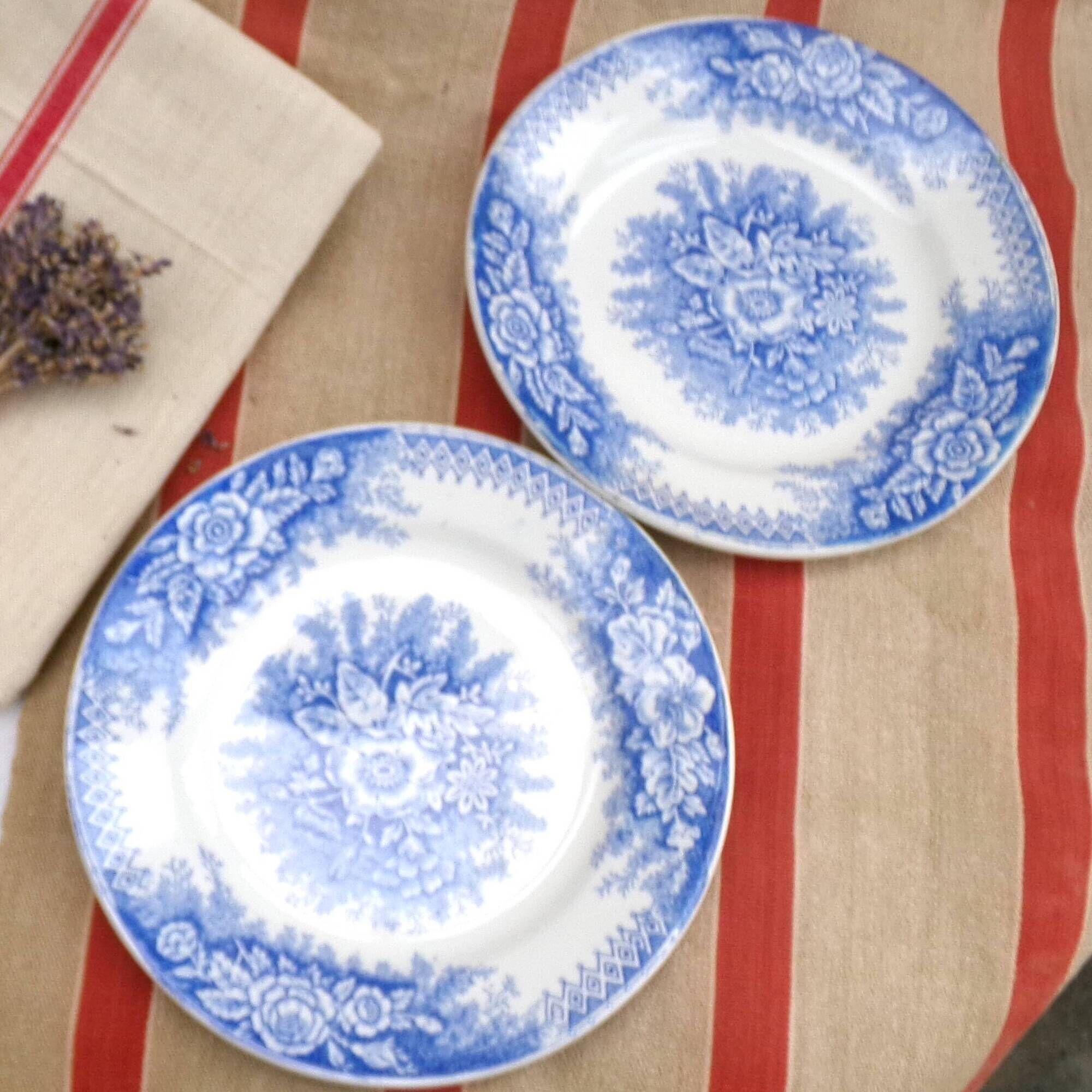 2 blue and white floral plates Terre de Fer St Amand Jardinière
