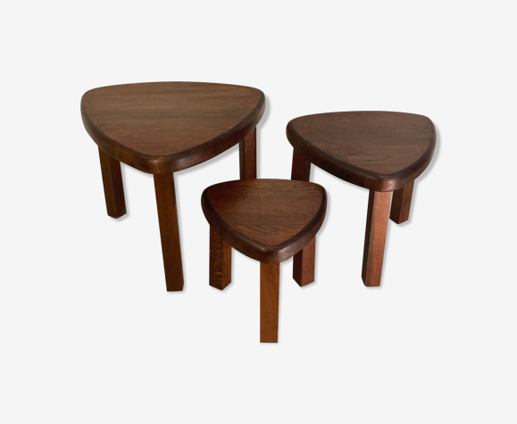 Brutalist oak organic curved oval side or nesting tables, Dutch ca 1960