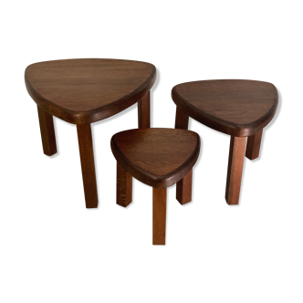 Brutalist oak organic curved oval side or nesting tables, Dutch ca 1960