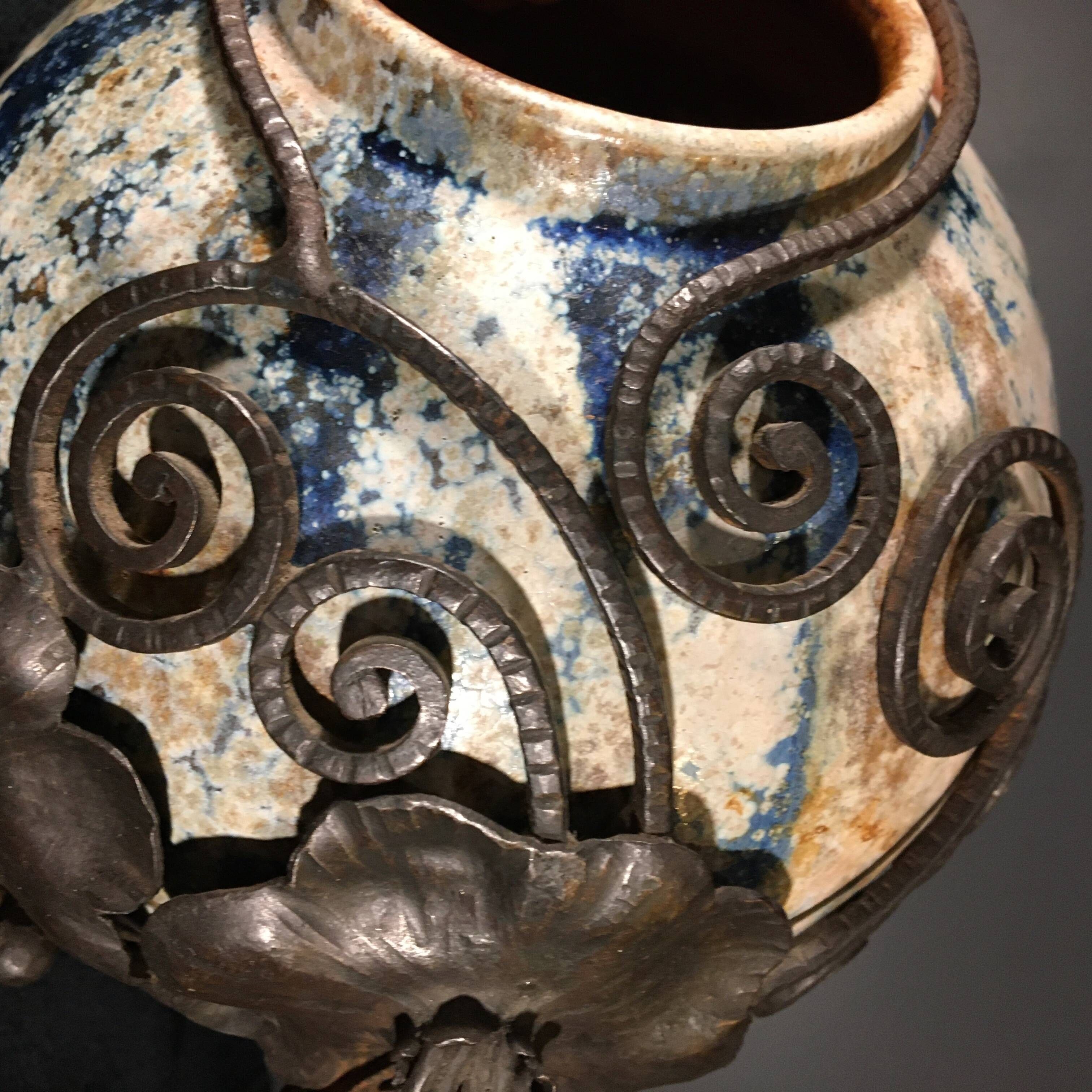 Roger Guérin & François Carion, Art Deco Ball Vase, Bouffioulx Stoneware and Wrought Iron, Ca 1925