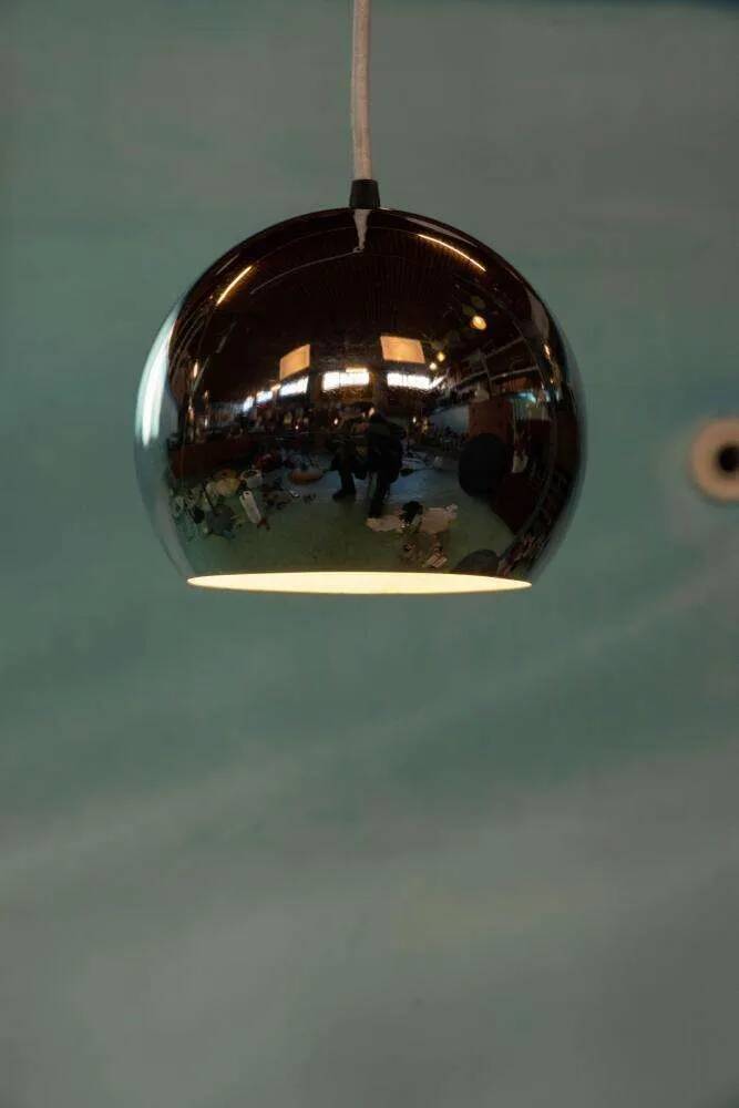 Vintage chrome sphere pendant lamp, space age eye lamp.