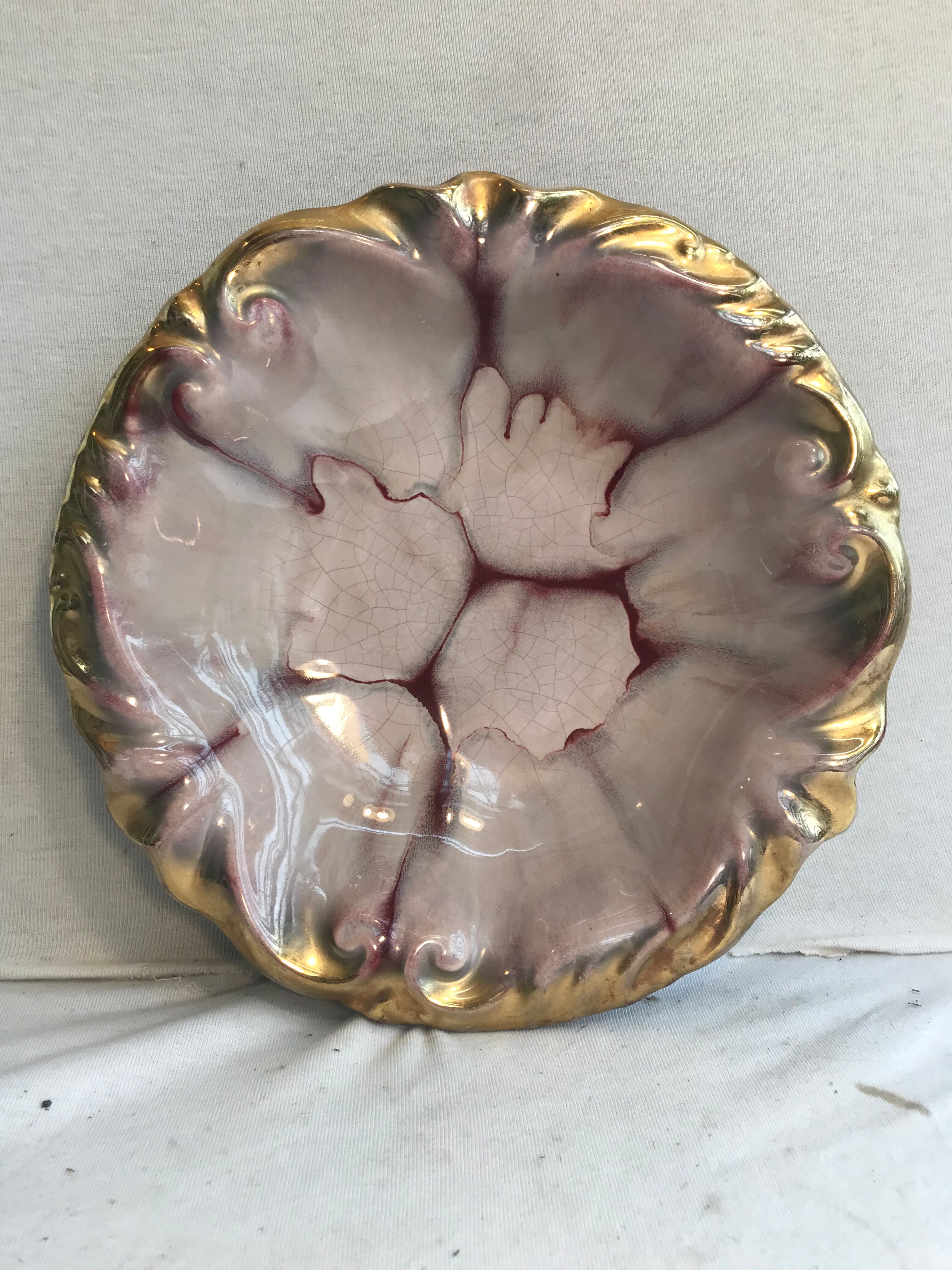 Ancien centre de table en céramique rouge,  rose et doré vintage