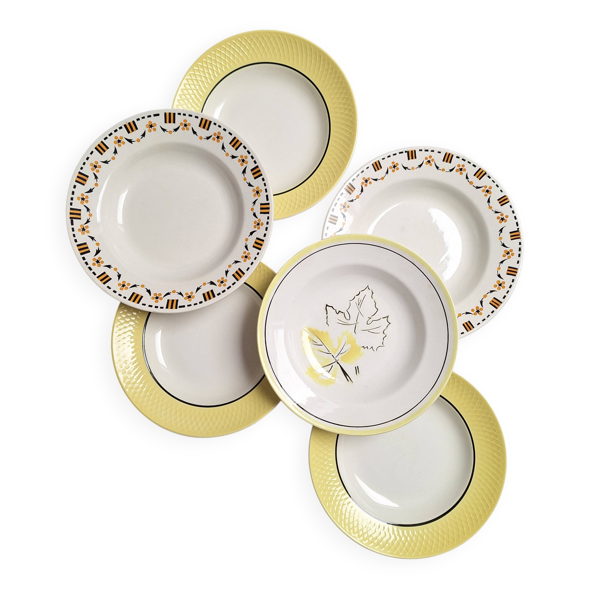 Vintage yellow soup plates from Moulin des Loups, Gien, Sarreguemines