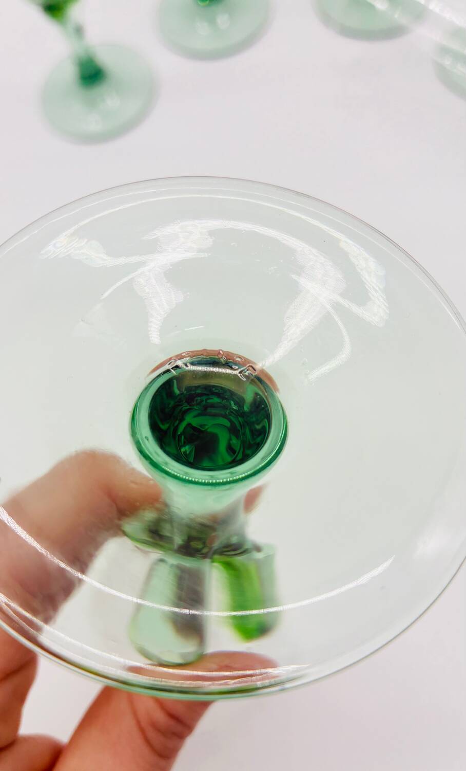 6 vintage champagne flutes, green stem, France