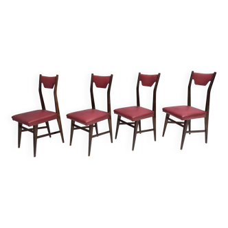 Set of Four Vintage Ebonized Beech and Crimson Skai Dining Chairs, Italy