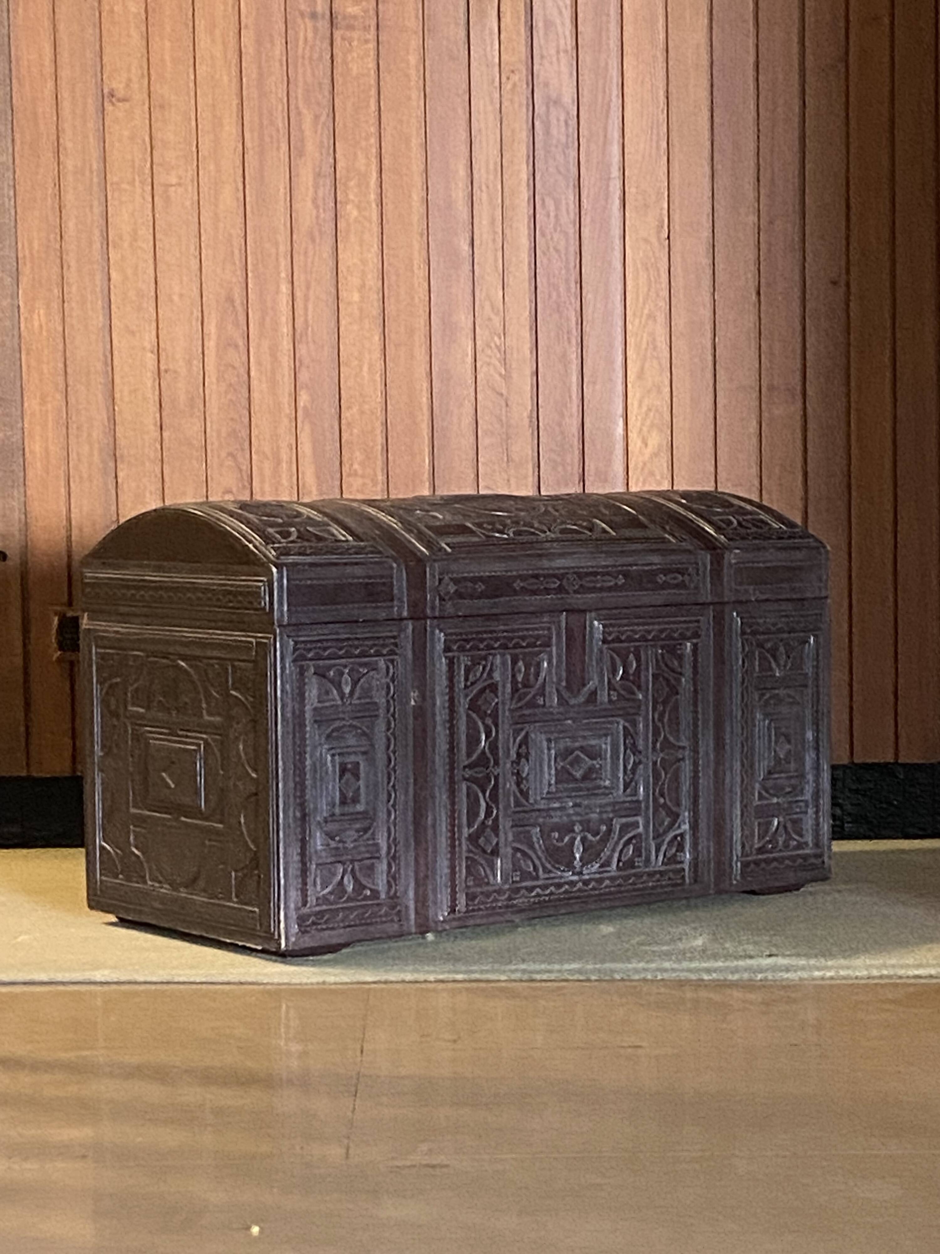 Brown leather and wood domed chest