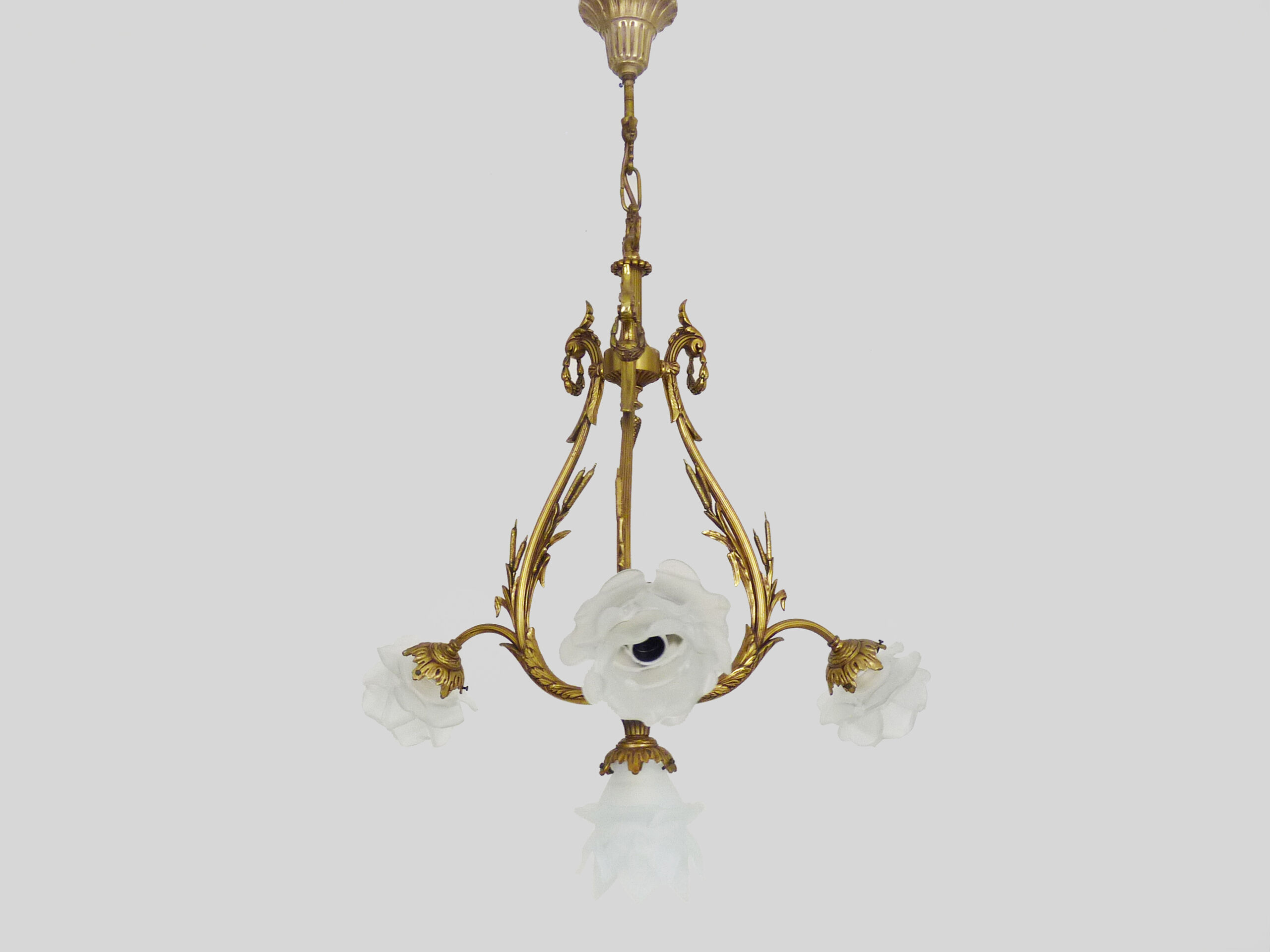 Bronze chandelier with 4-burner glass tulips, chandelier 70s