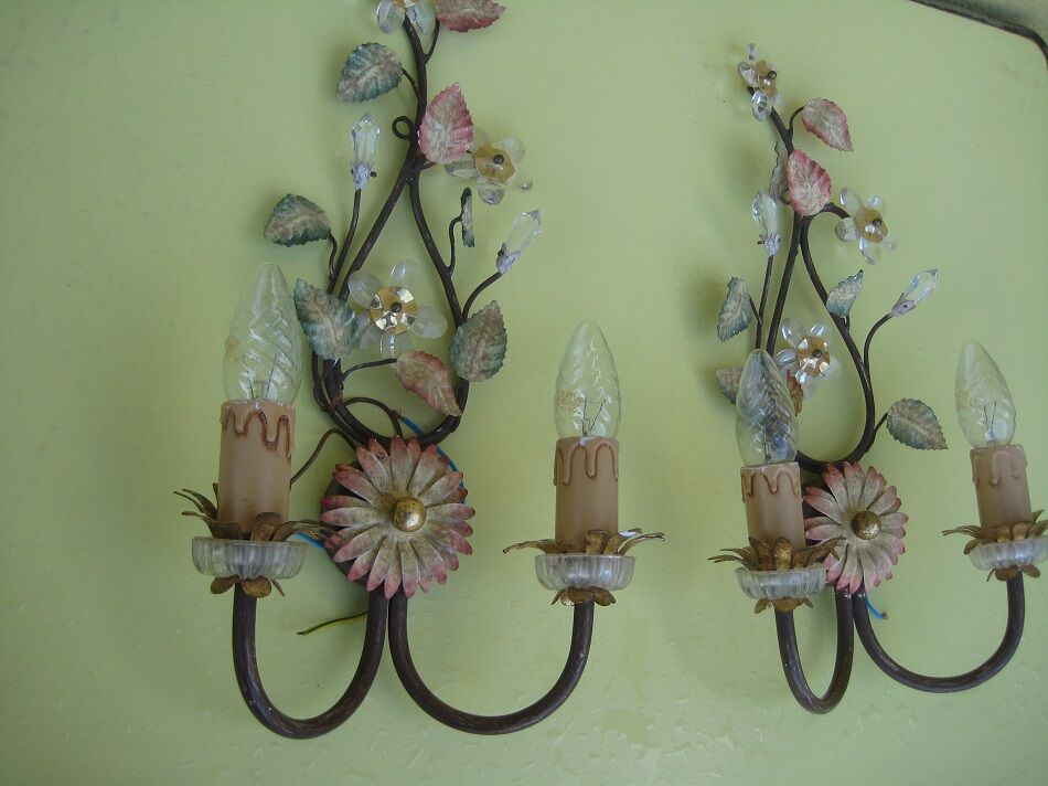 Pair of sconces, patinated metal sheets, glass flowers, 70s