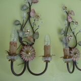 Pair of sconces, patinated metal sheets, glass flowers, 70s