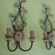 Pair of sconces, patinated metal sheets, glass flowers, 70s