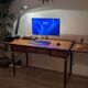 Antique Louis XVI style vintage desk, leather, brass, cherry wood
