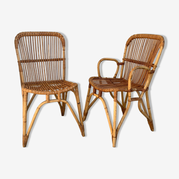 Chaise et fauteuil en rotin vintage 1950