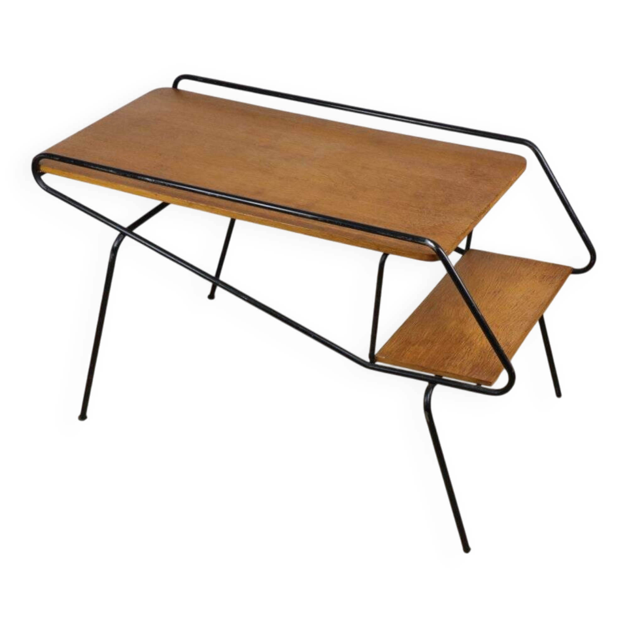 Vintage side coffee table in black lacquered metal and oak, 1950